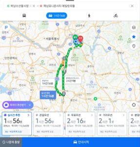 하남에서 성남, 분당, 용인 상갈동, 야탑을 거쳐 다시 하남으로 이동한 2025년 12월 15일 전체 운행 동선 지도입니다.