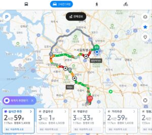 하남–부평–안양–동탄–이동 동선을 나타낸 지도 화면