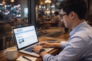 퇴근 후 카페에서 노트북으로 수익형 블로그 글쓰기 투잡을 하는 직장인